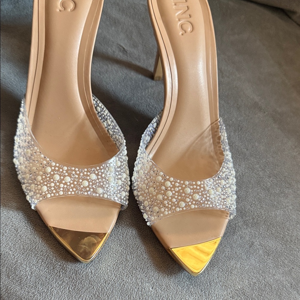 INC International Concepts Gold and Cream Embellished Heels